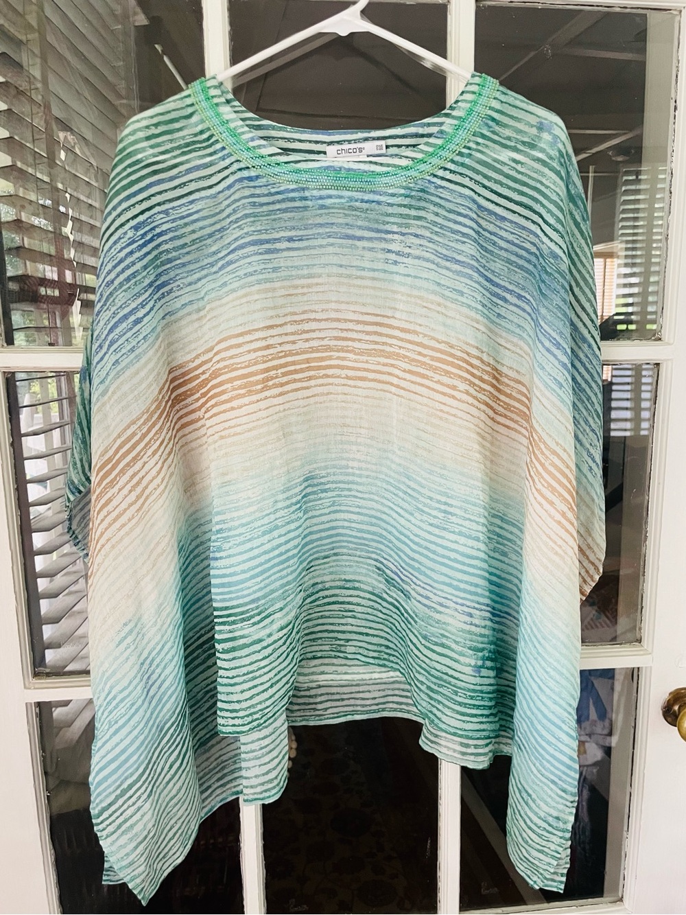 Chico’s Poncho Caftan Top Beaded Neckline One Size  Coastal